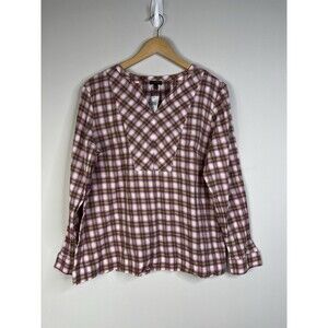 NWT Talbots Womens Tunic Cotton Blouse Pink Plaid V-Neckline Long Sleeve Sz L